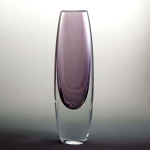 tall glass vase, wine colored over clear glass, unknown manufacturer