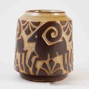 michael andersen and son brown and tan short vase designed most likely by Marianne Stark