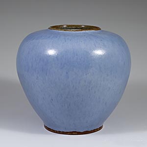short blue vase with haresfur glaze, unknown manufacturer