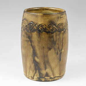 Brown barrel-shaped vase with darker brown striations, unknown manufacturer
