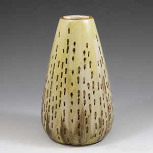 Emil Ruge, conical vase dark brown  on tan spots