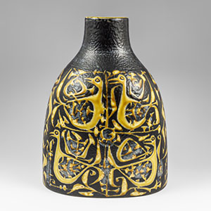 Aluminia/Royal Copenhagen large flask vase with an abstract bird design by Nils Thorsson