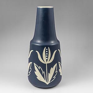 Blue Soholm vase with white flowers in reliefe designed by Rigmor Nielsen