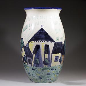 soholm hand painted vase depicting a round church, 1940-50 1121